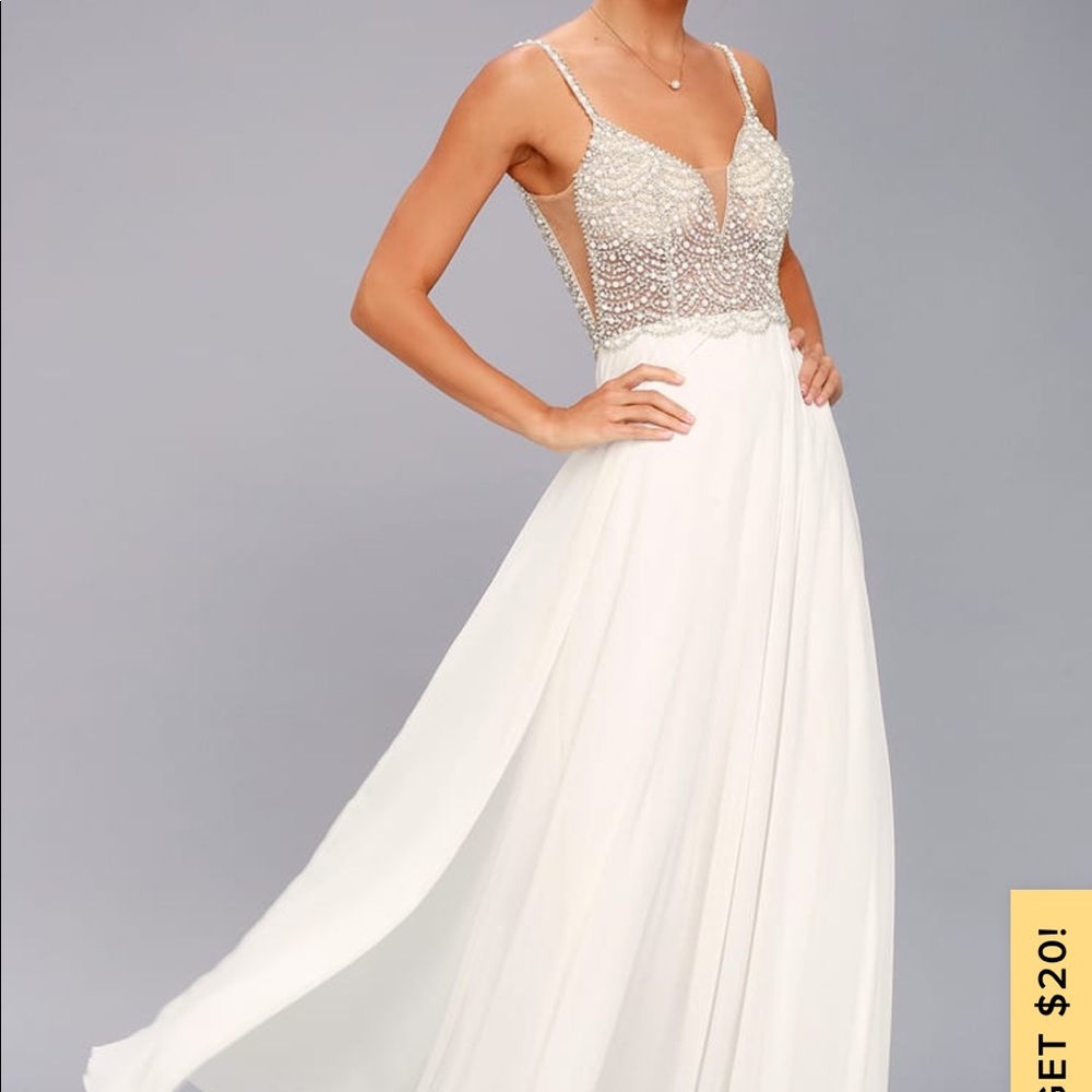 Lulu’s True Love White Beaded Rhinestone Maxi NWT